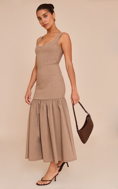 Petite Taupe Woven Scooped Drop Waist Pleated Maxi Dress