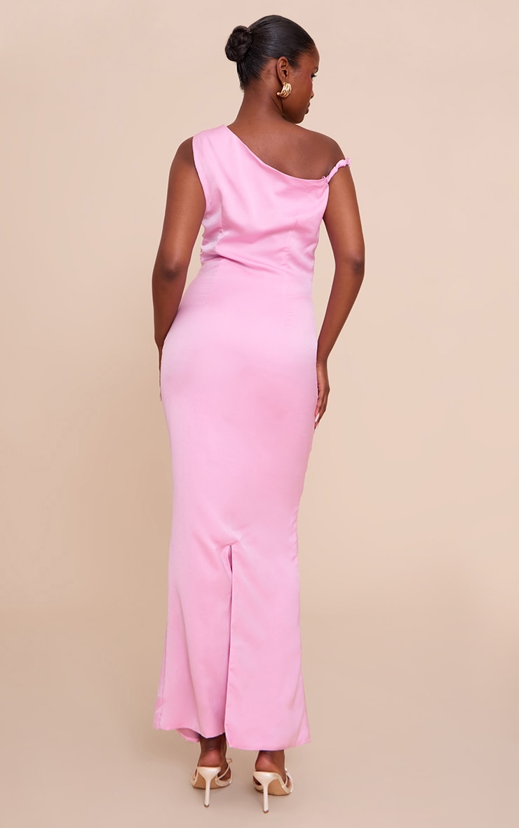 Candy Pink Satin Asymmetric Bardot Twist Maxi Dress image 2