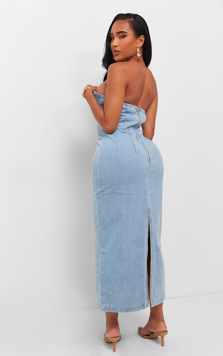 Shape Light Blue Denim Seam Detail Bandeau Maxi Dress image 2