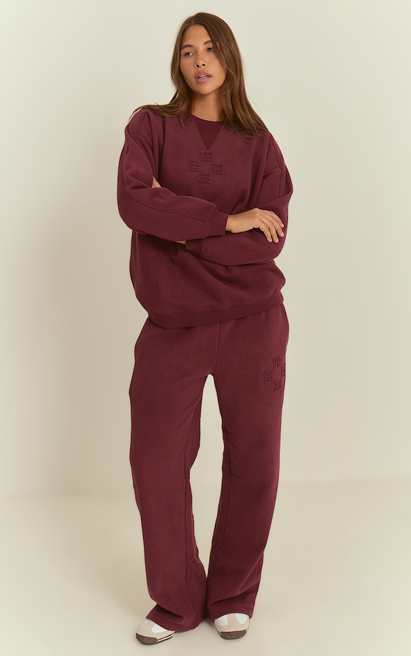 Wine PLT Embossed Wide Leg Track Pants