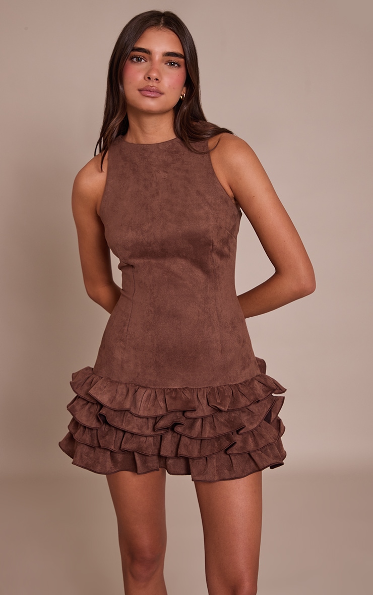 Chocolate Faux Suede Frill Hem Shift Dress