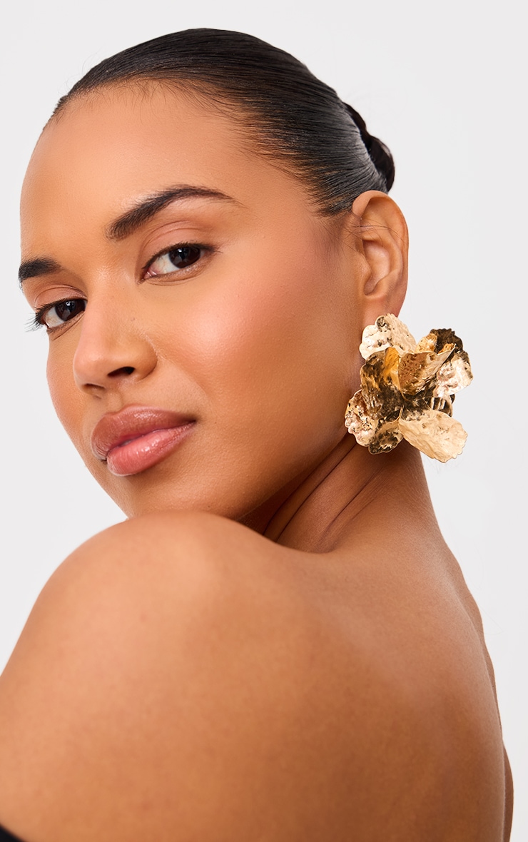 Gold Crinkle Flower Statement Earrings image 1