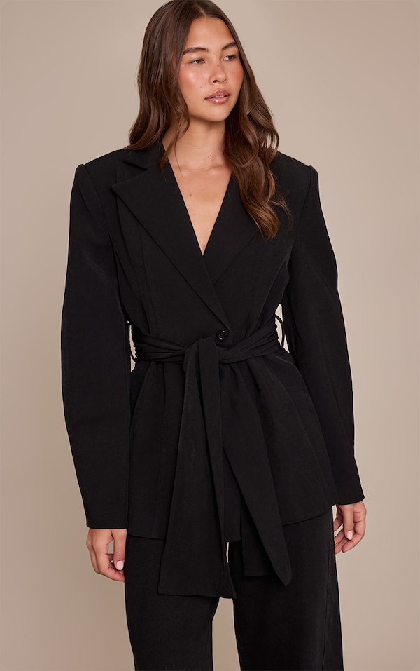 Black Gathered Wrap Waist Belted Blazer