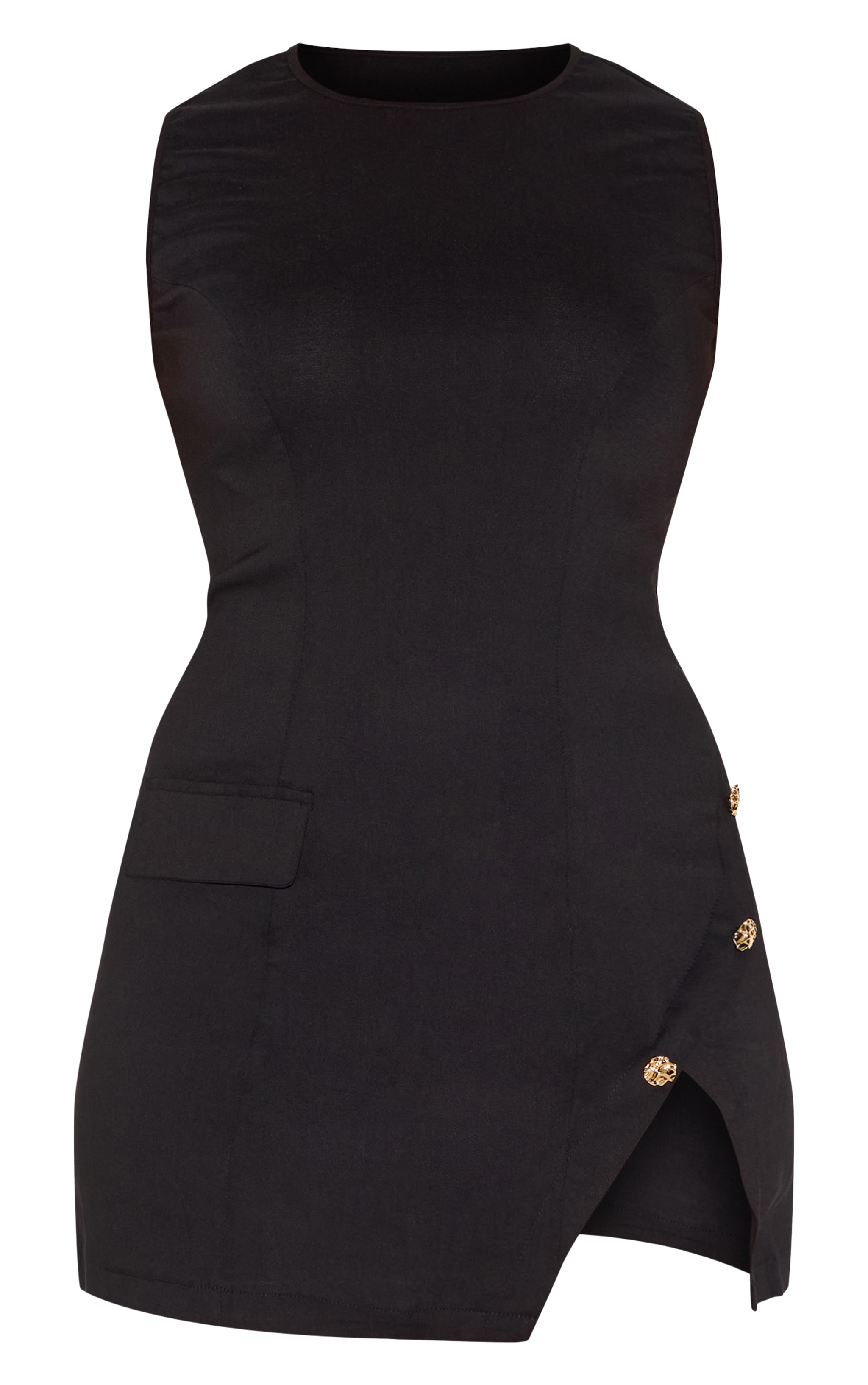 Shape Black Stretch Woven Boat Neck Side Split Hammered Button Mini Dress image 5