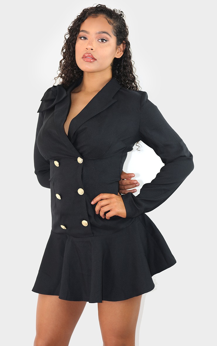 Black Bow Shoulder Frill Hem Blazer Dress