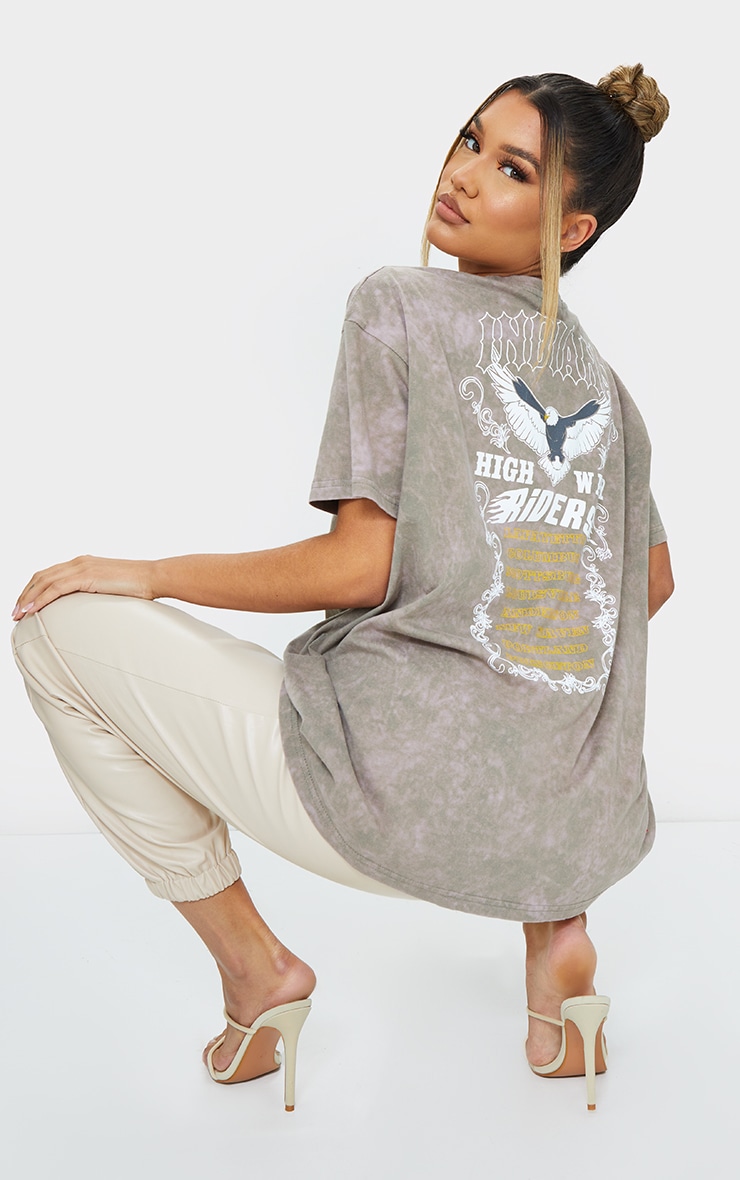 Taupe Indiana Slogan Back Printed Washed T Shirt
