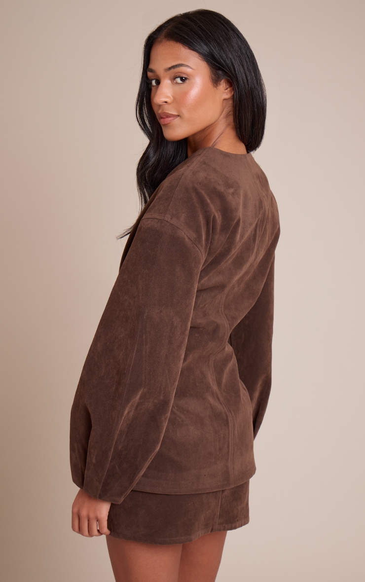 Tall Dark Brown Suede Collarless Cocoon Sleeve Blazer image 2