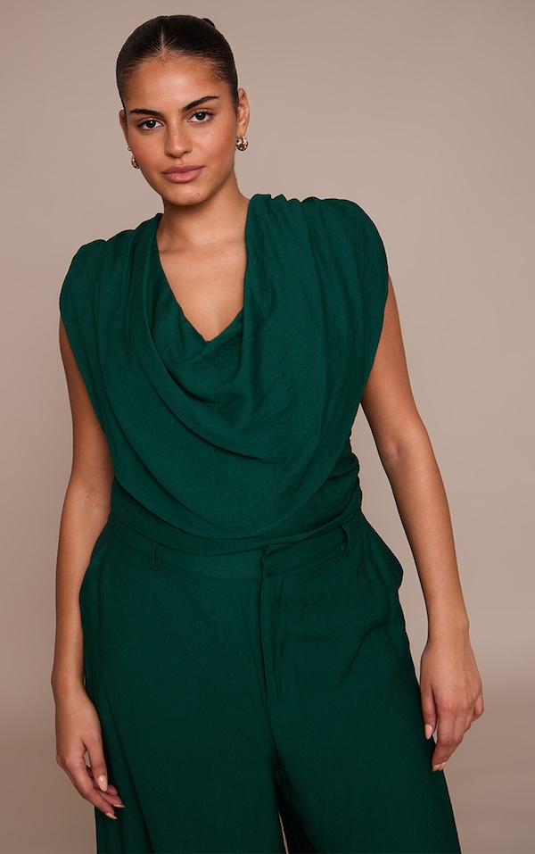 Plus Emerald Green Woven Ruched Shoulder Cowl Neck Top 