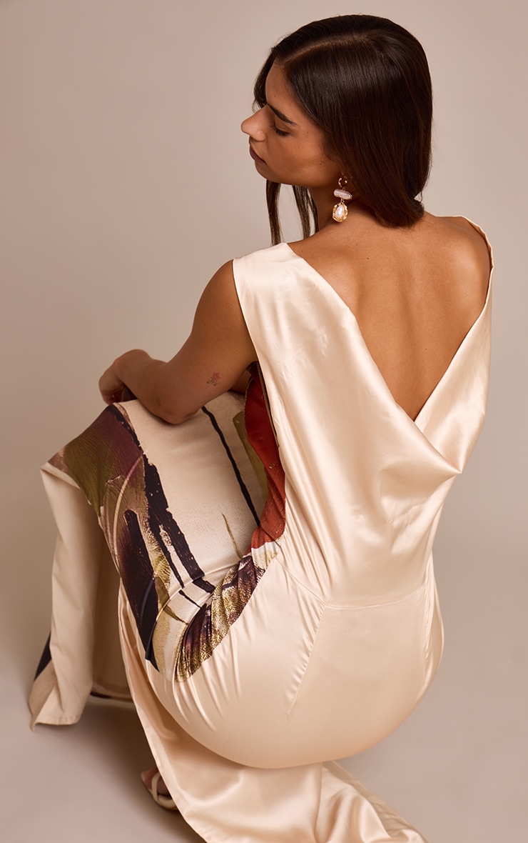 Cream Floral Printed Satin Maxi Dress image 2
