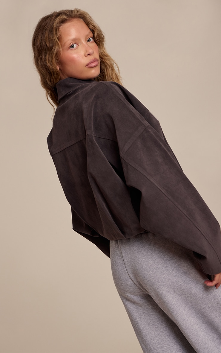 Grey Faux Suede Covered Placket Bomber Jacket image 2