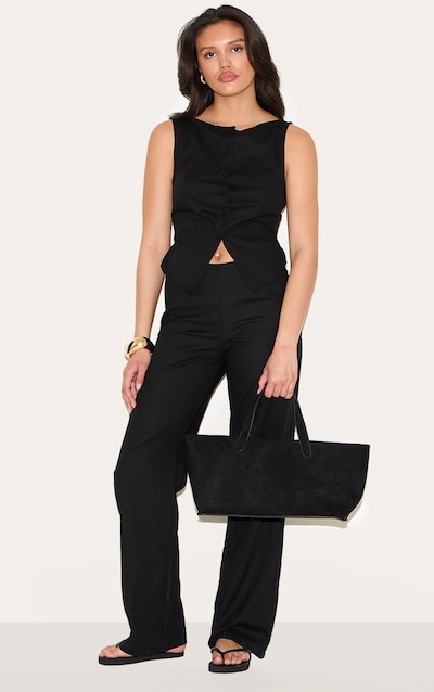 Black Linen Blend Waistcoat Detail Straight Leg Jumpsuit