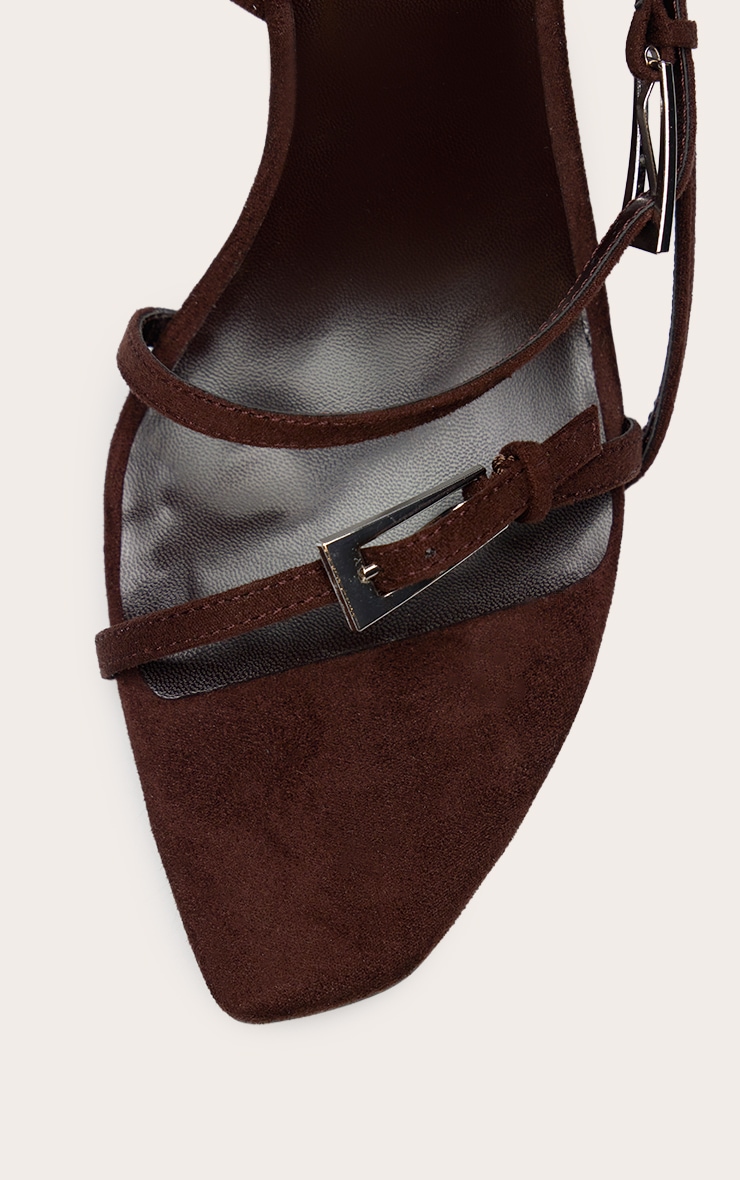 Chocolate Faux Suede Angled Toe Silver Buckle Detail Heeled Sling Back image 5