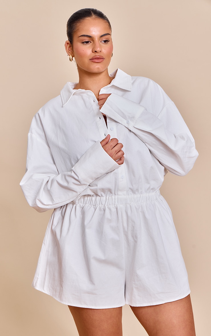 Plus White Cotton Ruched Tiered Skort Shirt Romper image 1