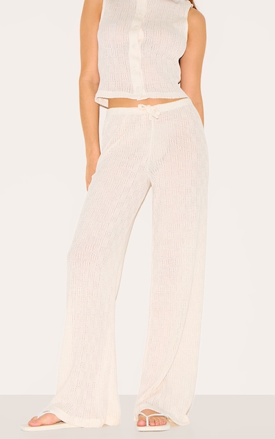 Cream Mid Rise Textured Wide Leg Pants