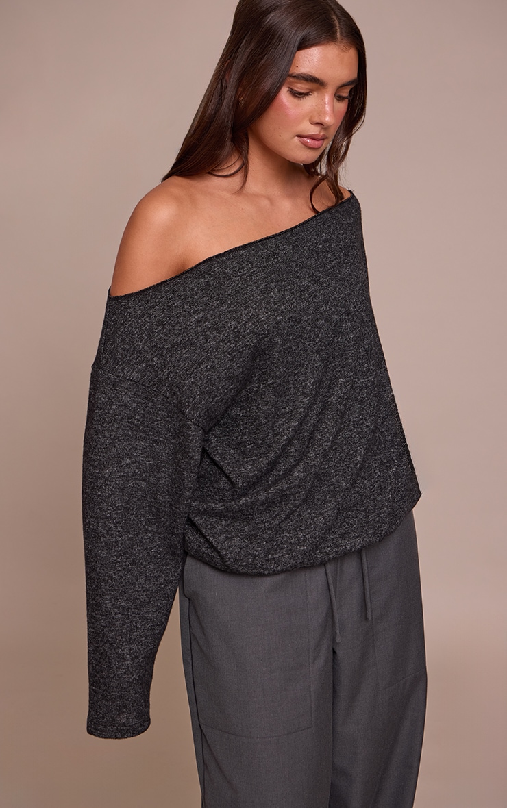 Charcoal Soft Knit Asymmetric Oversized Slouchy Long Sleeve Top image 4