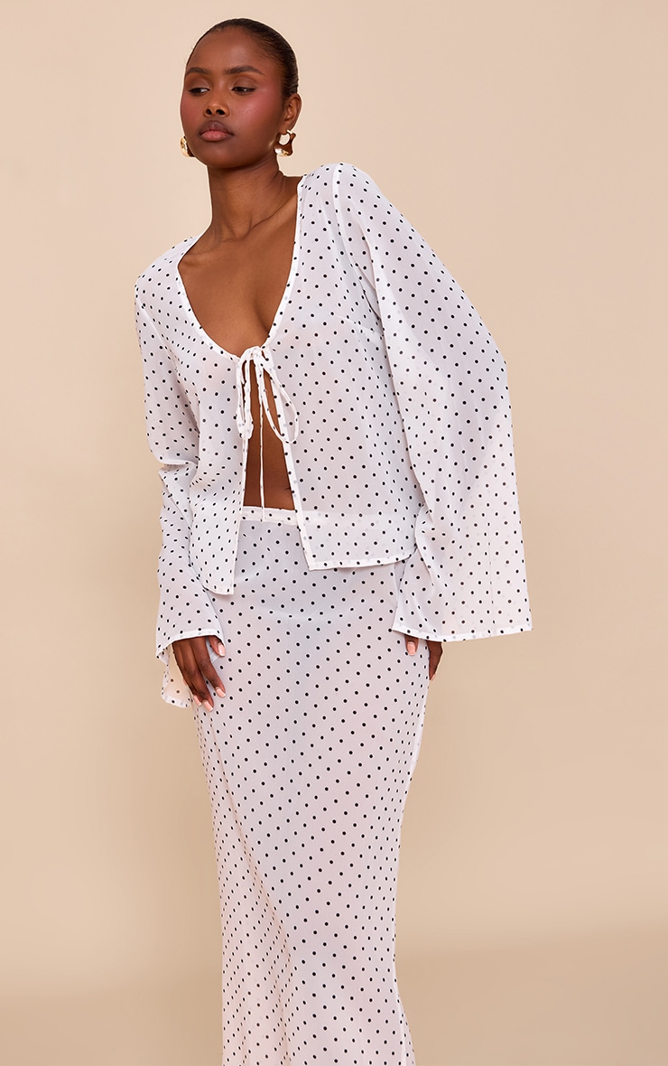 White Sheer Polka Dot Long Sleeve Button Up Top image 1