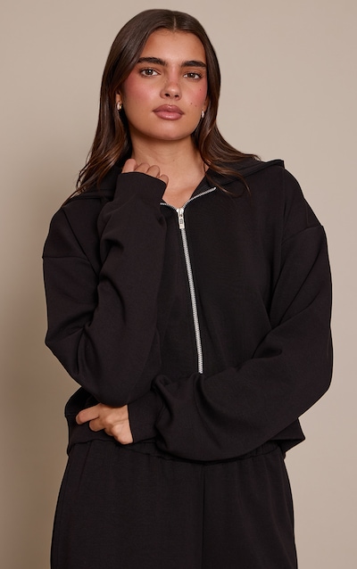 Black Interlock Cropped Zip Up Hoodie