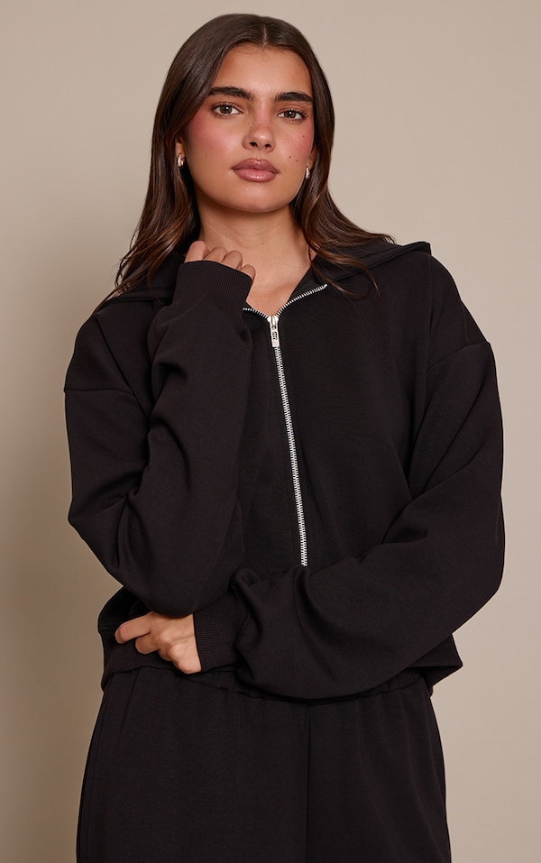 Black Interlock Cropped Zip Up Hoodie