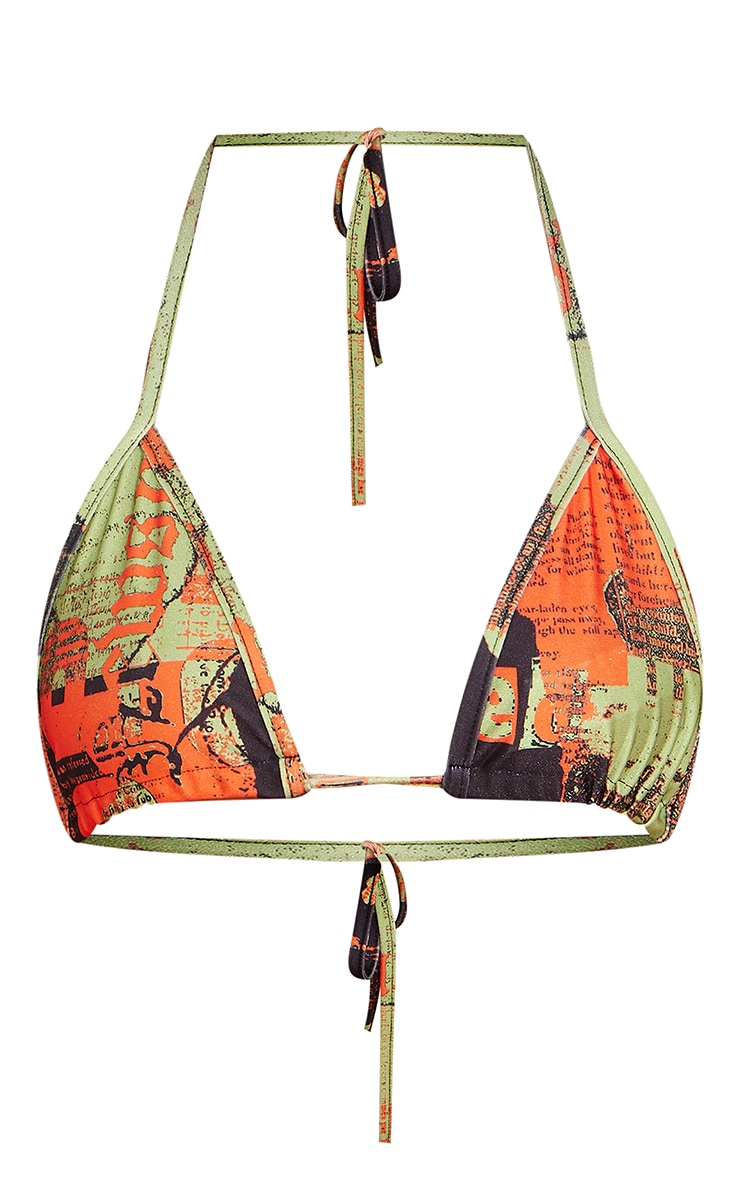 Green Newspaper Print Tie Front Triangle Bikini Top image 5