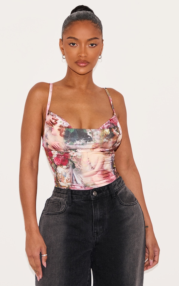 Shape Rose Femme Renaissance Print Slinky Cowl Neck Bodysuit