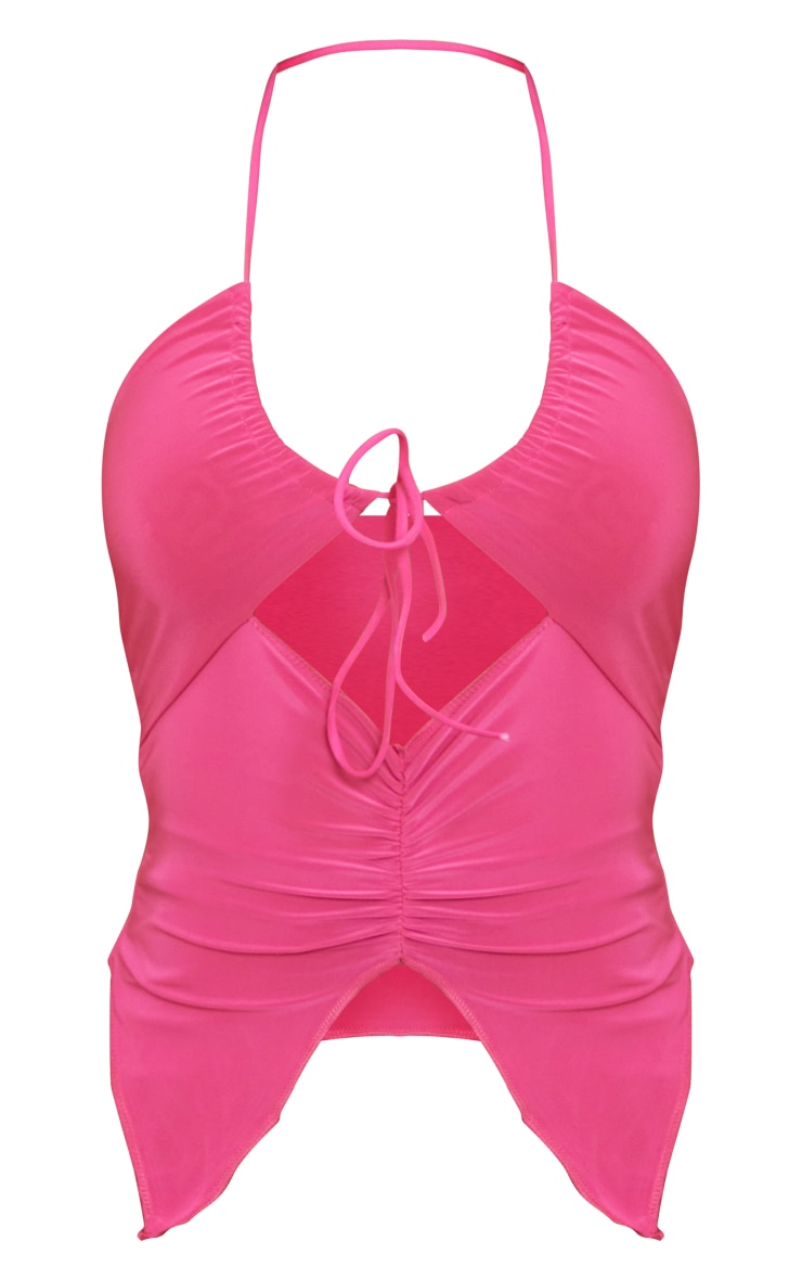 Hot Pink Split Hem Detail Slinky Halterneck Top image 5