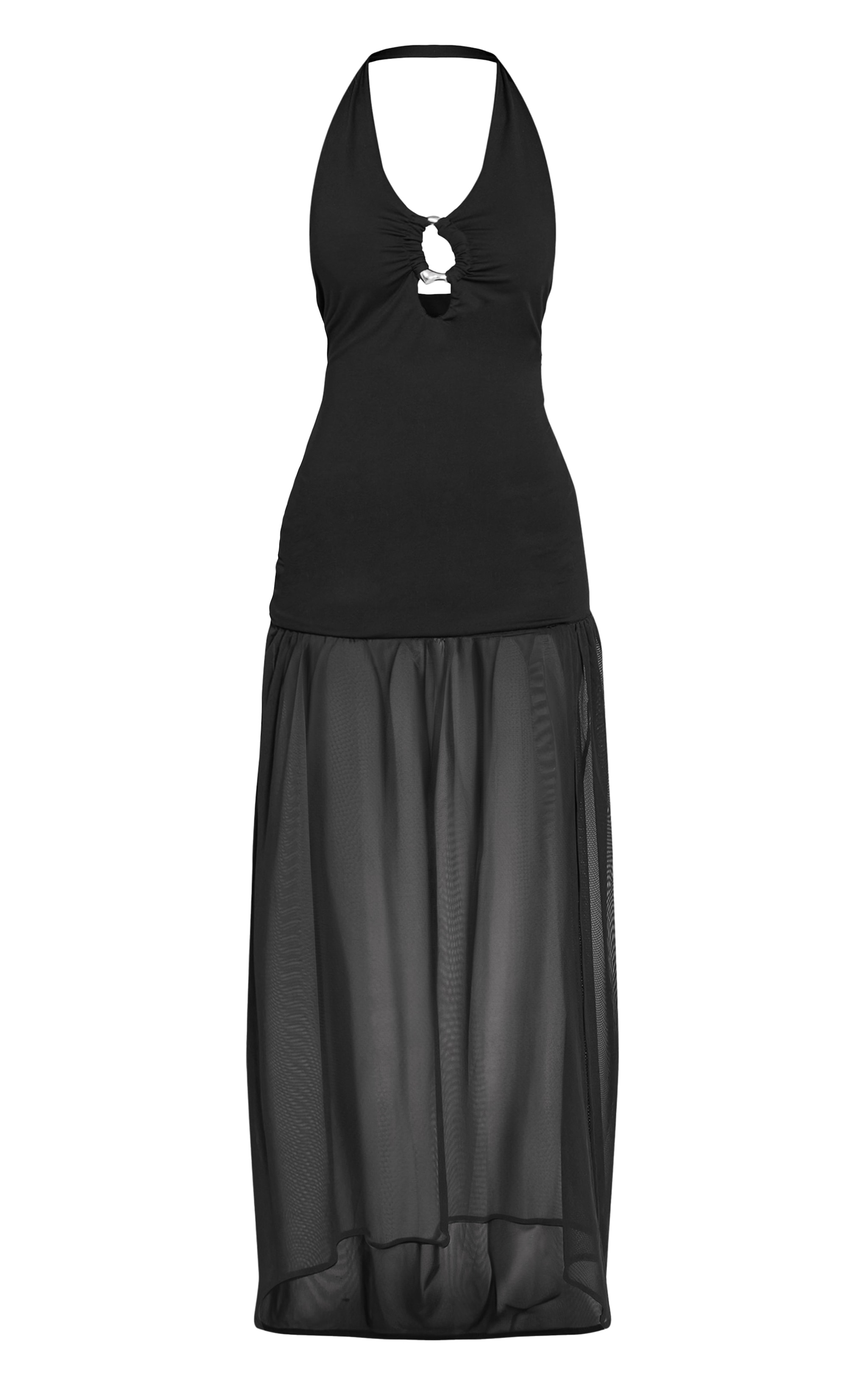 Petite Black Halterneck Trim Detail Mesh Panel Maxi Dress image 5