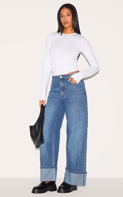 Tall Washed Blue Distressed Turn Up Hem Jeans