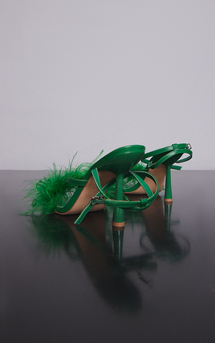  Green Square Toe Feather Detail High Heeled Sandals image 2