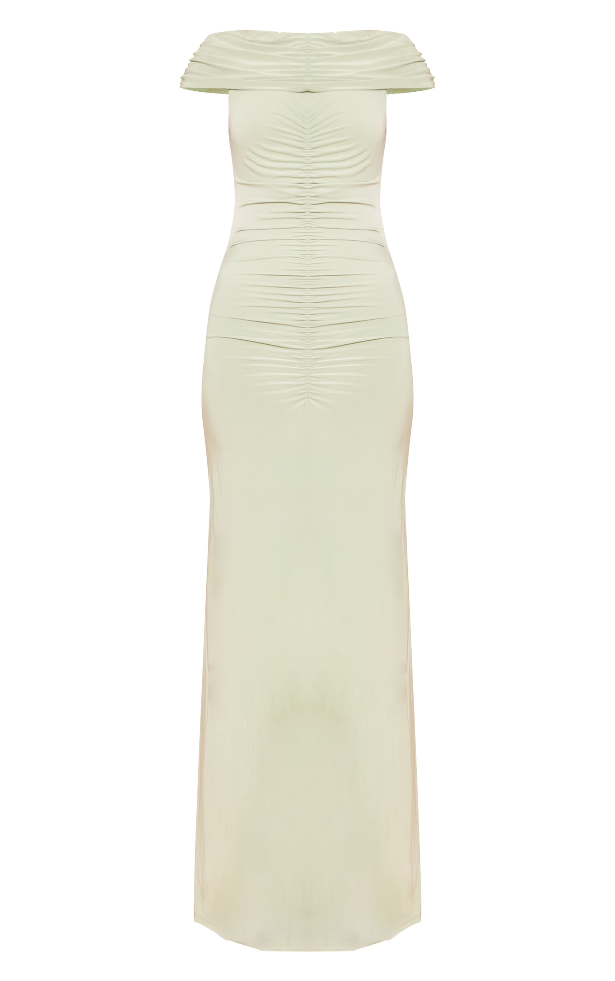 Robe longue moulante sauge froncée à col bardot image 5