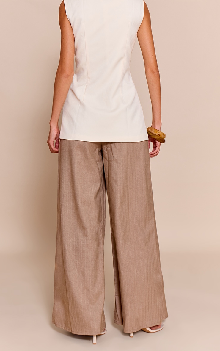 Premium Taupe Woven Pinstripe Tailored Straight Leg Pants image 3