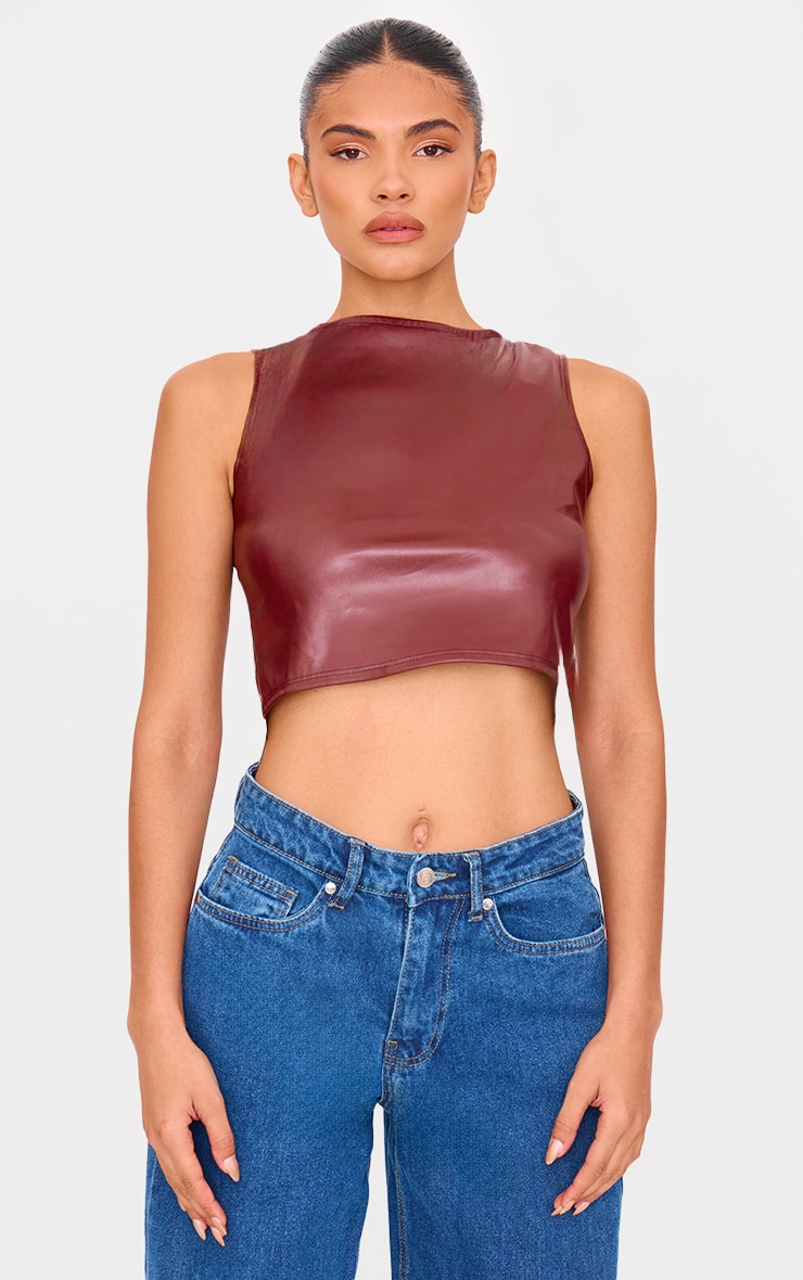 Chocolate Faux Leather Back Strap Crop Top image 2