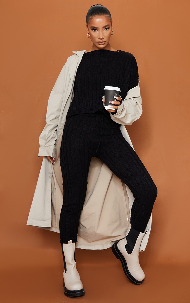 Black Cable Knit Jumper Legging Set Knitwear PLT