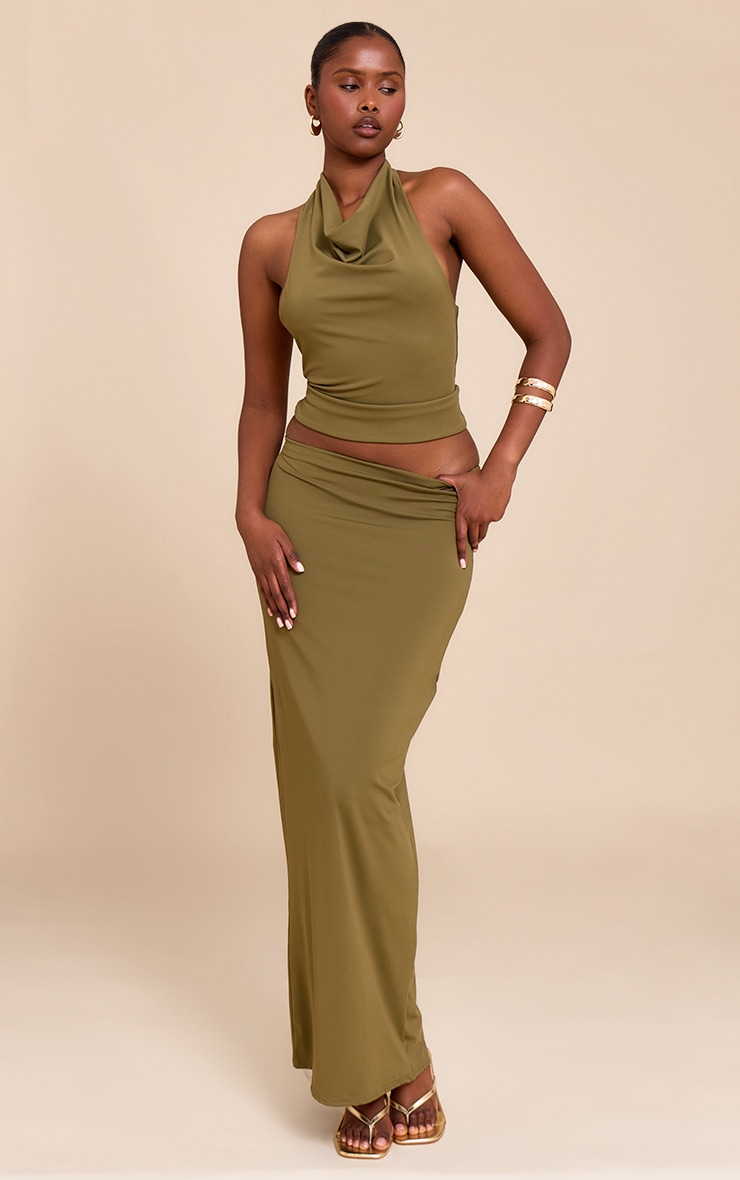 Top en Sculpt mat vert olive à dos nu ouvert et empiècement doré image 3