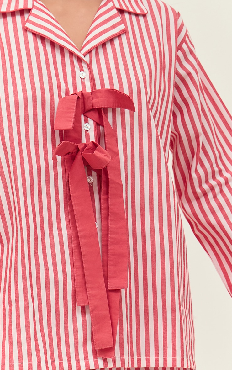 Red Striped Bow Detail Long Pajama Set image 4