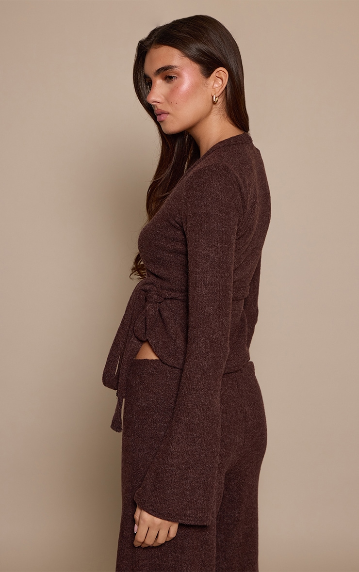 Dark Brown Marl Ribbed Wrap Around Top image 2