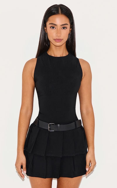 Petite Black Belt Detail Pleated Mini Dress