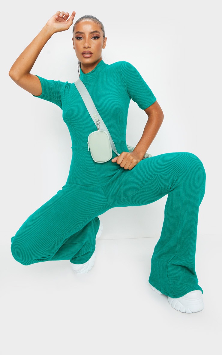 Emerald Green Brushed Rib High Neck Flared Jumpsuit