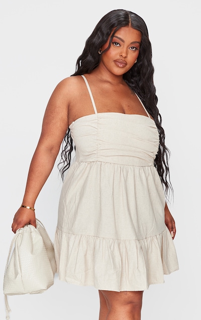 Plus Stone Linen Ruched Bust Detail Tiered Hem Mini Dress