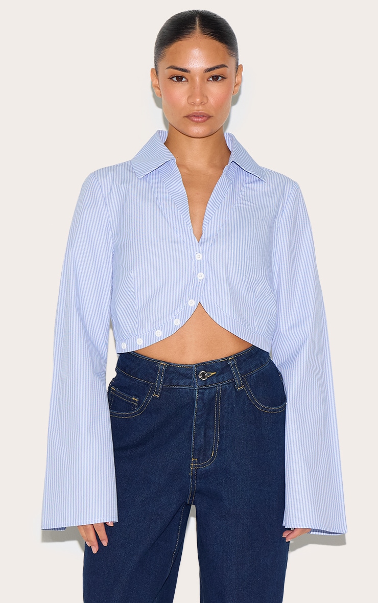 Petite Chemise courte bleue à fines rayures et manches longues image 1