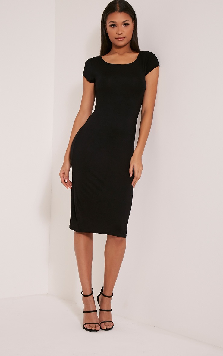 black cap sleeve midi dress