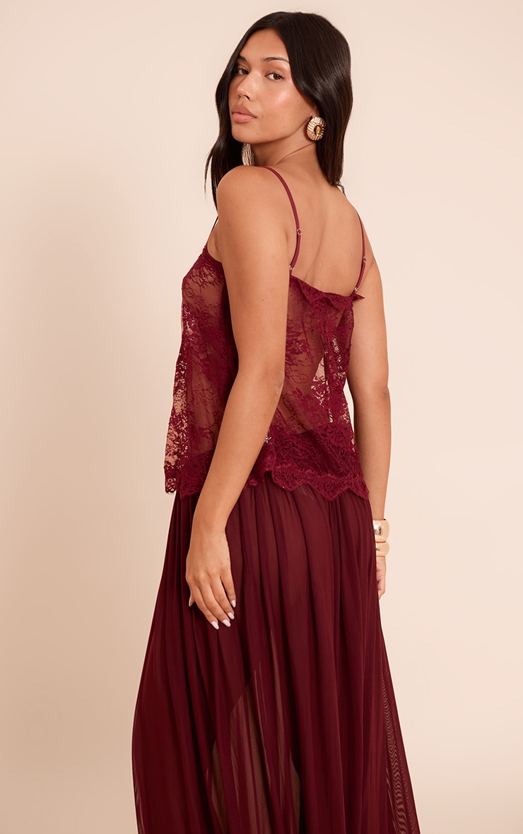 Burgundy Sheer Lace Strappy Cami Top image 2