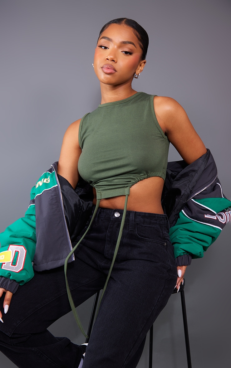 Khaki Jersey Ruched Dip Hem Sleeveless Crop Top