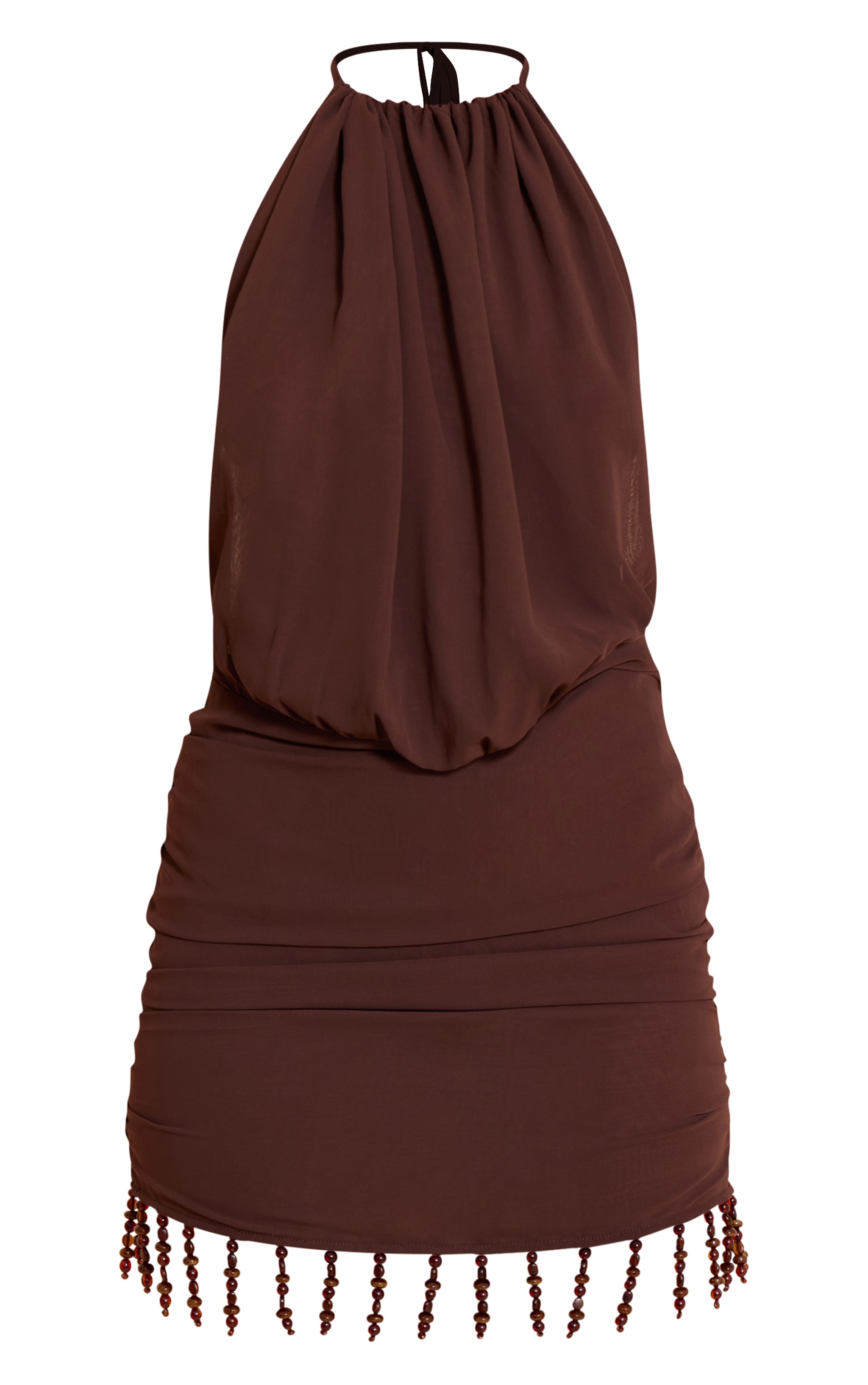 Chocolate Chiffon Halter Neck Ruched Beaded Mini Dress image 5