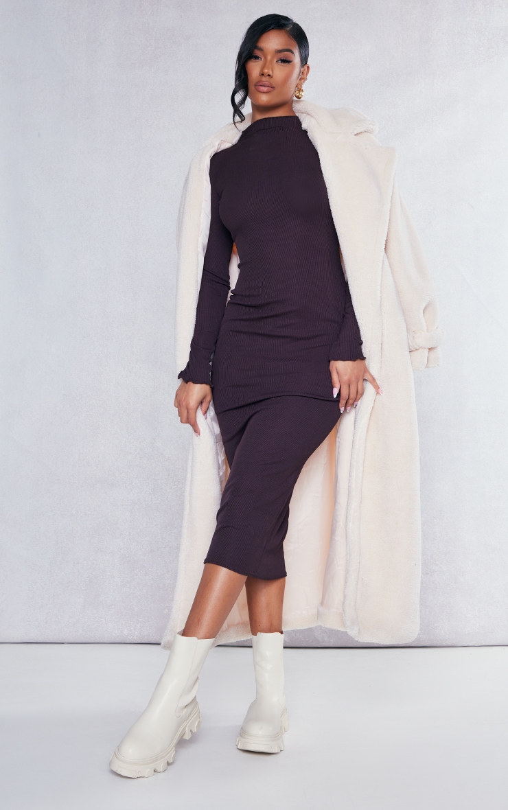 Chocolate Rib Lettuce Hem Long Sleeve Midaxi Dress