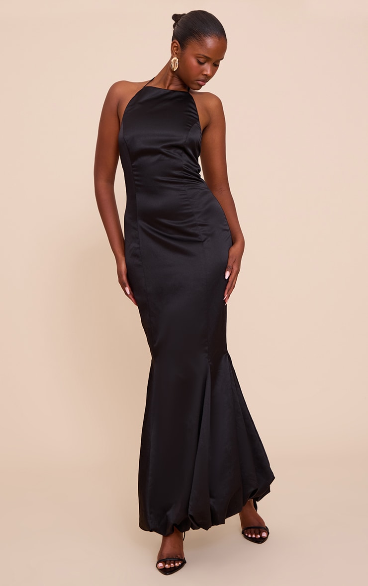 Black Satin Halterneck Puffball Maxi Dress image 3