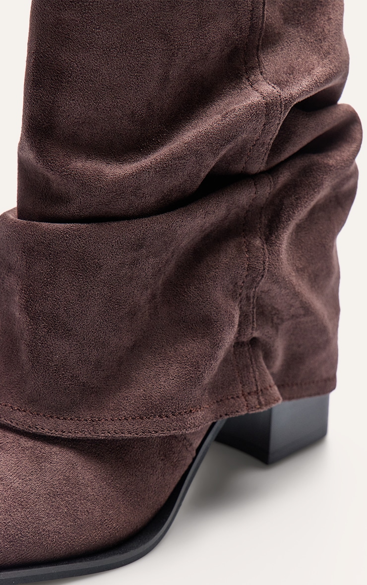 Chocolate Faux Suede Point Toe Slouchy Fold Over Block Heeled Ankle Boots image 5