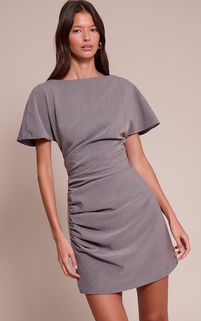 Grey Woven Ruched Short Sleeve Mini Dress