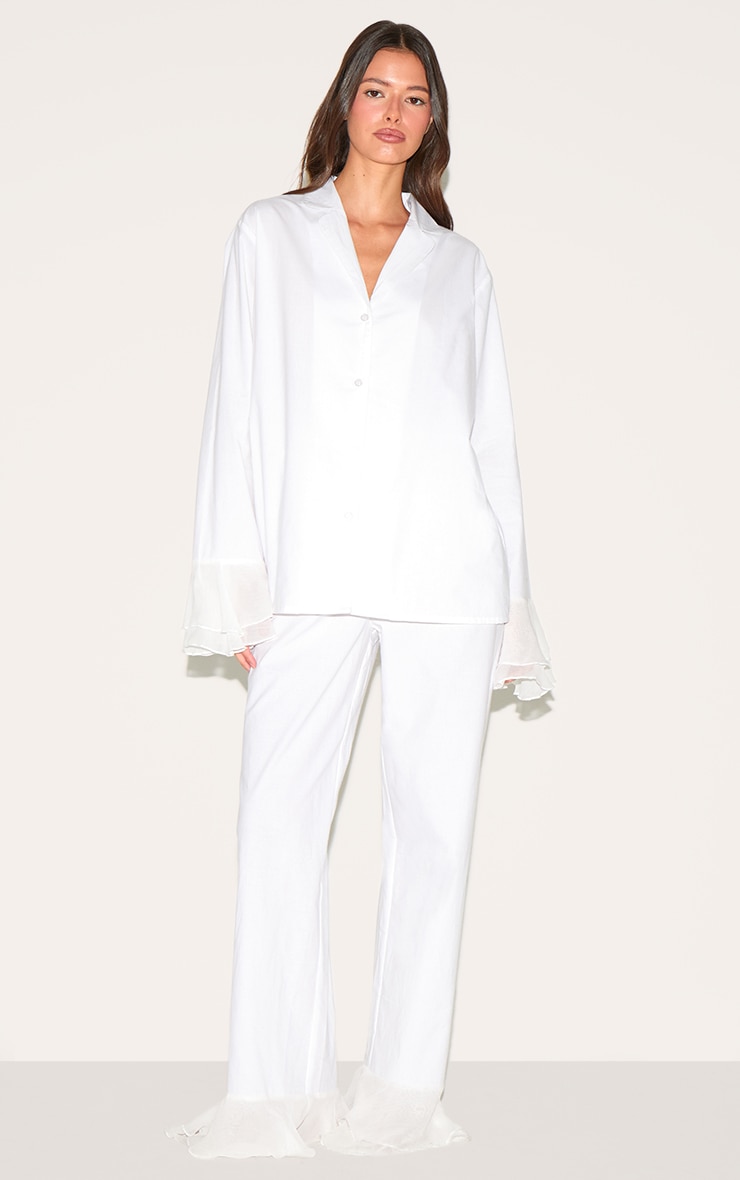 White Frilled Hem Cotton Long Pj Set image 3