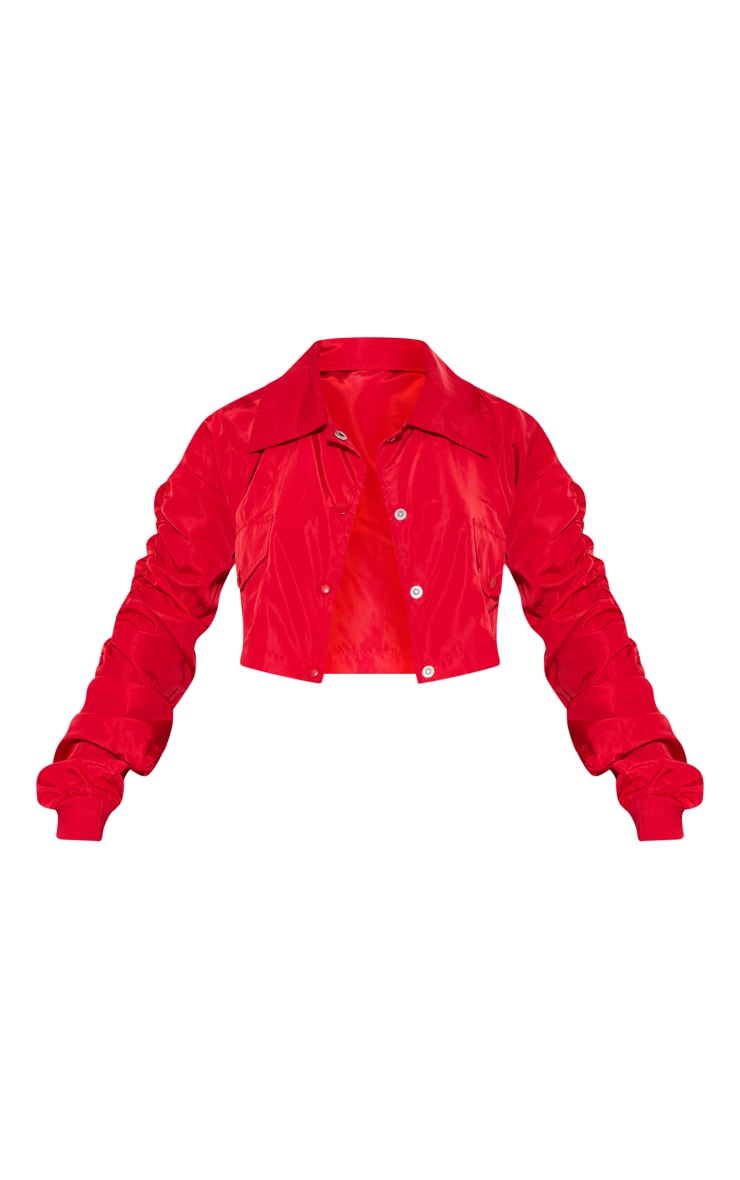 Bright Red Cropped Ruched Sleeve Shell Jacket image 5