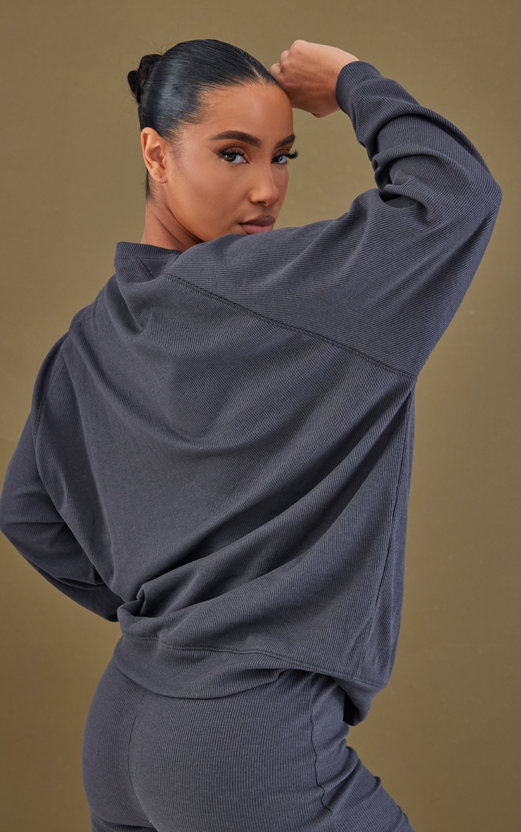 PRETTYLITTLETHING Charcoal Embroidered Ribbed Sweater image 2